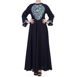 Embroidered umbrella dress abaya- Navy Blue